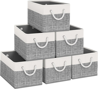 Fab totes Storage Bins, Foldable Storage Baskets for Organizing Toys, Books, Shelves, Closet, Large Storage Box with Rope Handles, Sturdy Organizer Bins, White & Grey