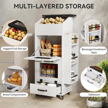 Verano Garden Potato and Onion Storage Bin on Wheels, Wood Bread Box with Lid & Mesh Doors, 4-Tier Rolling Fruit and Vegetable Storage Organizer w/Drawer & Side Rack for Kitchen (Rustic Brown, 16.0")