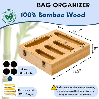 Storage Bag Holder, Baggie Organizer for Drawer or Wall Mount, Compatible with Gallon, Quart, Sandwich, Snack Size Bags, 1 Box 5 Slots, Bamboo Drawer Organizer, Baggie Holder