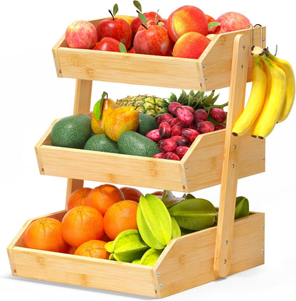Gmtsl Bamboo Fruit Basket for Kitchen – 3 Tier Fruit Bowl For Kitchen Counter, Large Fruit Holder With 2 Banana Hangers, Idea For Fruit and Vegetable Storage, Bread Basket, Snack Organizer(BLACK)