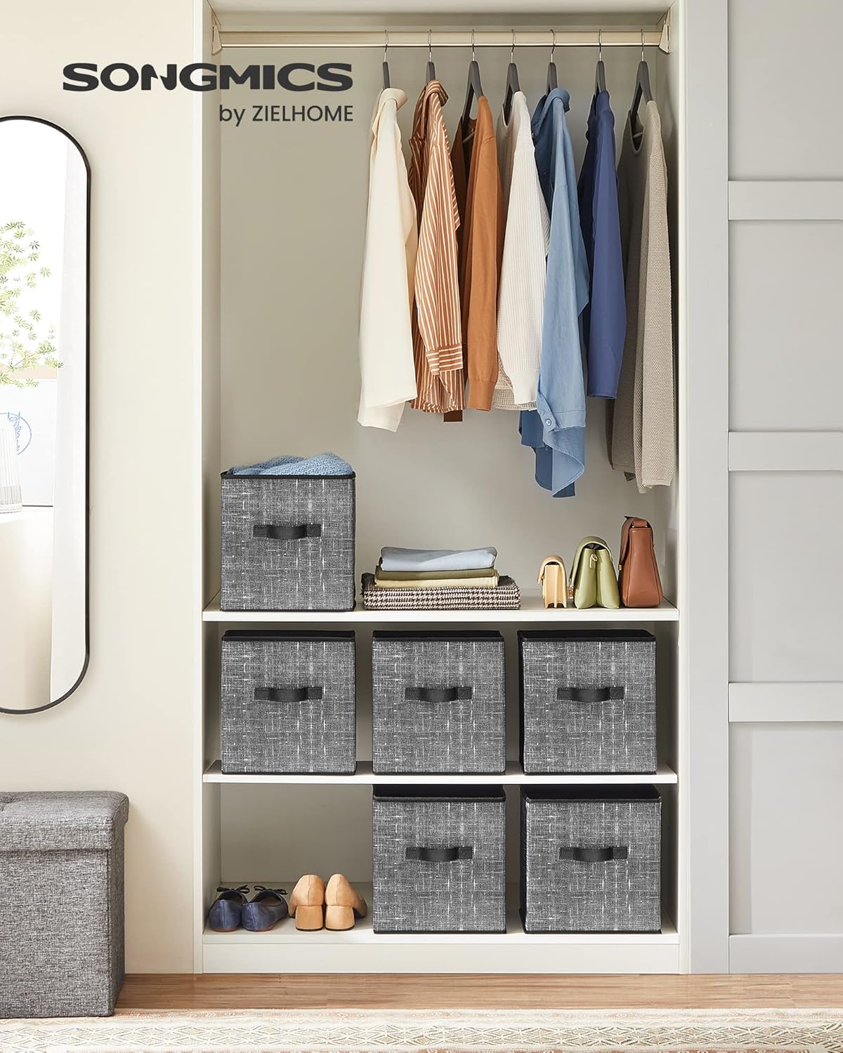 SONGMICS Storage Cubes, 11-Inch Non-Woven Fabric Bins with Double Handles, Set of 6, Closet Organizers for Shelves, Foldable, for Clothes, Cattail Gray UROB26LG