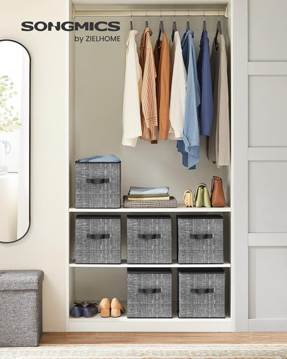 SONGMICS Storage Cubes, 11-Inch Non-Woven Fabric Bins with Double Handles, Set of 6, Closet Organizers for Shelves, Foldable, for Clothes, Cattail Gray UROB26LG