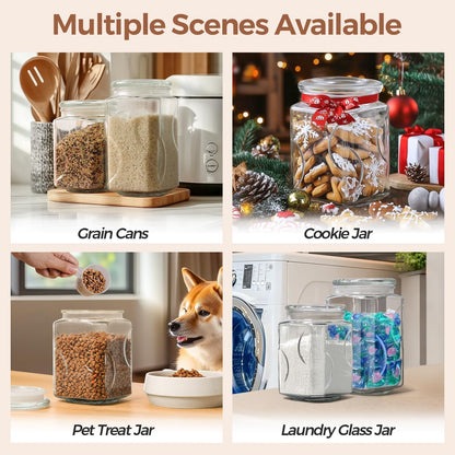 ComSaf 64 oz Glass Flour and Sugar Storage Containers Set of 2, Wide Mouth 1/2 Gallon Square Airtight Pantry Jars with Lids, Space-Saving Minimalist Kitchen Organization