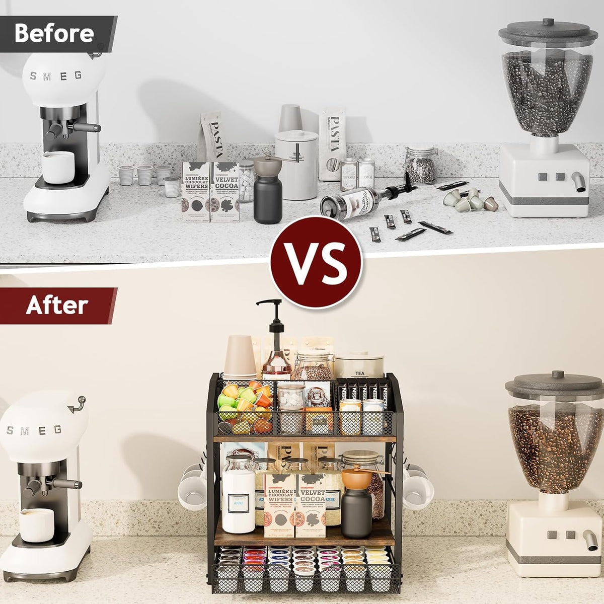 Homsorout Coffee Bar Organizer - Countertop Coffee Station, 42 K Cup holder Storage Basket with Drawer and Hooks for Syrup, Cups, Stirrer, Condiment, Tea Organizer, Black and Brown