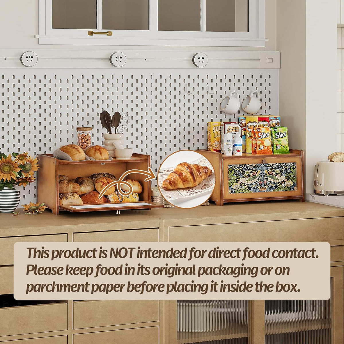 Trironsun Bread Box for Kitchen Counter Black Bread Storage Container with Acrylic Door William Morris Flower Bird Design Farmhouse Breadbox Organizer (Black)