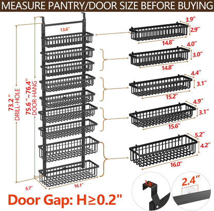 POKIPO 9 Tier Over The Door Pantry Organizer, 2 in 1 Wall Mount or Hanging Spice Rack with Adjustable Deep Basket, Heavy-Duty Seasoning Organizer and Storage for Kitchen Cabinet Closet Bathroom