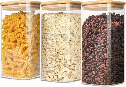 2.2 Qt Square Glass Storage Containers with Lids, Clear Food Storage Container Jar with Sealing Bamboo Lid Storage Containers for Pasta, Oats, Coffee, Flour, Sugar (Square -3Pack)