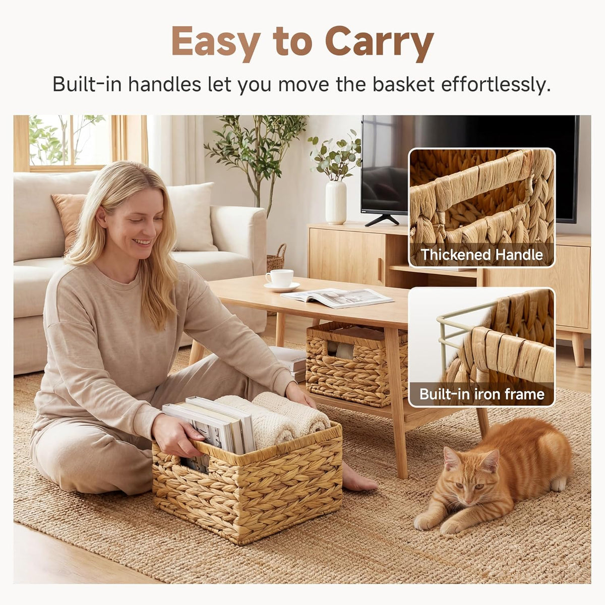 StorageWorks Wicker Basket, Baskets for Organizing, Storage Basket with Built-in Handles, Water Hyacinth Shelves (Medium 2-Pack, Natural Hyacinth)