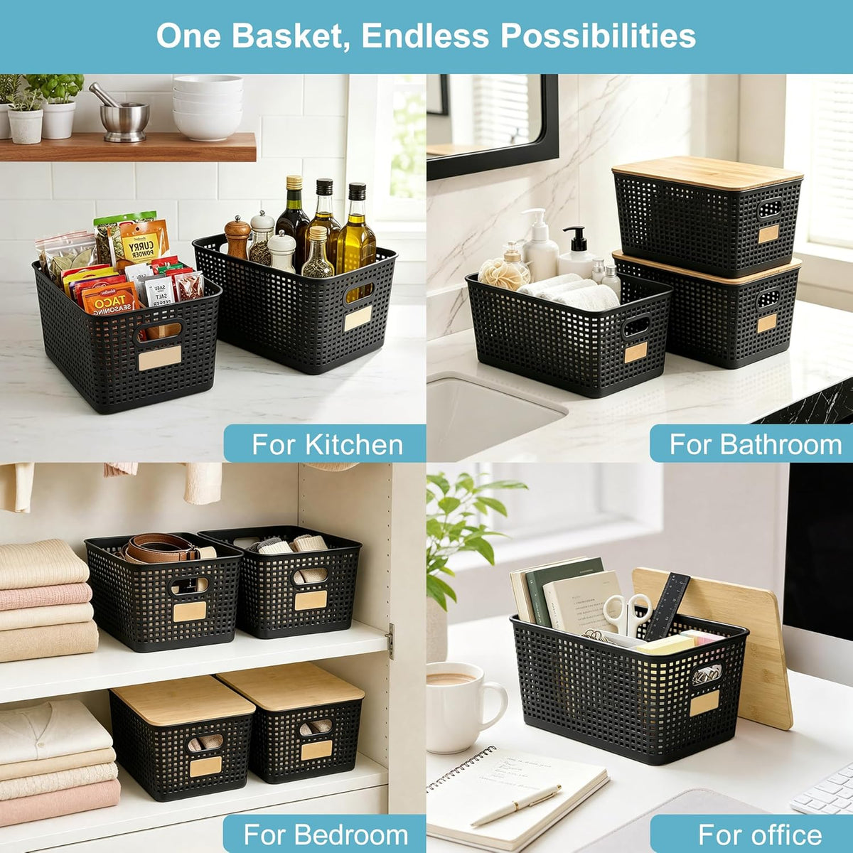 Bagnizer Small Plastic Storage Bins with Bamboo Lids 5.2qt Stackable Box Basket Pantry Decorative Containers Cute with Labels for Organizing Desktop Closet Office Cream White of 10*7.2*4.1"