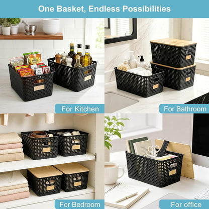 Bagnizer Small Plastic Storage Bins with Bamboo Lids 5.2qt Stackable Box Basket Pantry Decorative Containers Cute with Labels for Organizing Desktop Closet Office Cream White of 10*7.2*4.1"