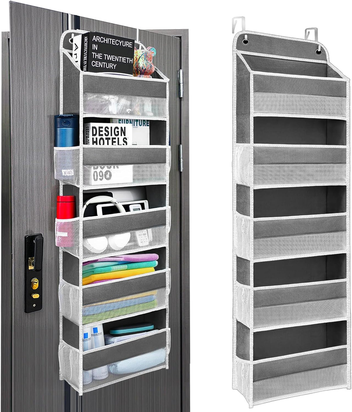 Over The Door Organizer with LifetimeWarranty, 4 Shelves & 4 Side Pockets, Large Storage Rack Holds 44lb, Heavy-Duty Reinforced Mesh Shelf for Bathroom, Closet, Toy Organization, Shoes, Towels, Grey