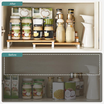 SONGMICS Display Risers, Set of 2 Engineered Wood Perfume Organizer Stand, 4-Tier Cupcake Stand Holder, Spice Rack, Shelf Risers for Figures, Dessert Shelves, Natural Beige and Cloud White UKCS216N02