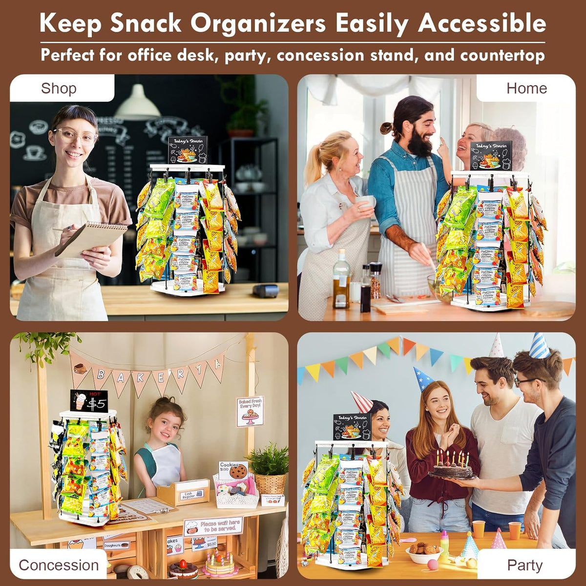 Pinzoveco Chip Rack Display Stand, 5 Tiers 40 Clips Snack Organizer for Office Desk, 360° Rotating Wooden Base Chip Holder Candy Display for Concession Stand, Countertop, Party, With Message Board