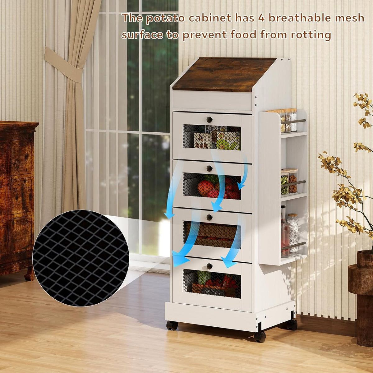 ARTETHYS Potato and Onion Storage Bin for Pantry 5-Tier Rolling Fruit and Vegetable Organizer with Spice Rack on Wheels Movable Large Bread Box Cabinet with 4 Ventilated Drawers for Kitchen, Rustic