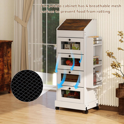 ARTETHYS Potato and Onion Storage Bin for Pantry 5-Tier Rolling Fruit and Vegetable Organizer with Spice Rack on Wheels Movable Large Bread Box Cabinet with 4 Ventilated Drawers for Kitchen, Rustic