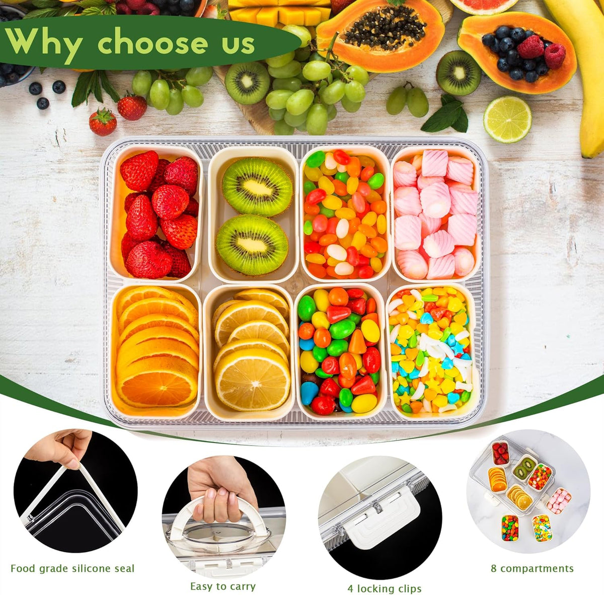Patent Design Ribbed Snackle Box Container Snack Container Divided Serving Tray with Lid and Handle, 8 Divider Portable Snacklebox for Travel Beach for Charcuterie Veggie Fruit Candy,1 Pack