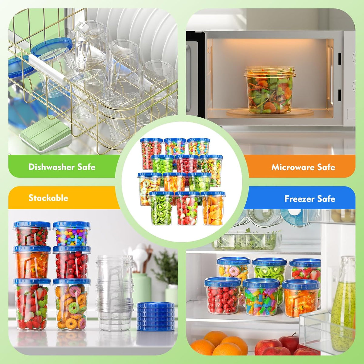 BiuLeon 12 Pack- 34/24/17oz Freezer Storage Containers, Plastic Food Storage Containers with Twist Top Lids, BPA Free and Reusable Soup Containers with Lids, Leakproof/Microwave/Dishwasher Safe