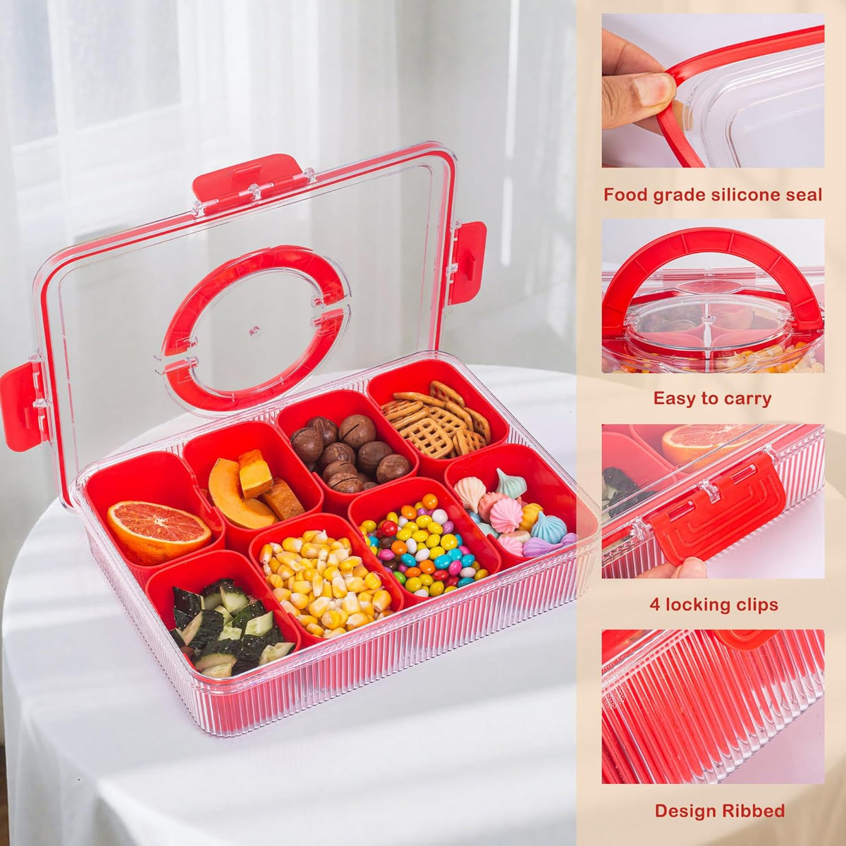 Patent Design Ribbed Snackle Box Container Snack Container Divided Serving Tray with Lid and Handle, 8 Divider Portable Snacklebox for Travel Beach for Charcuterie Veggie Fruit Candy,1 Pack
