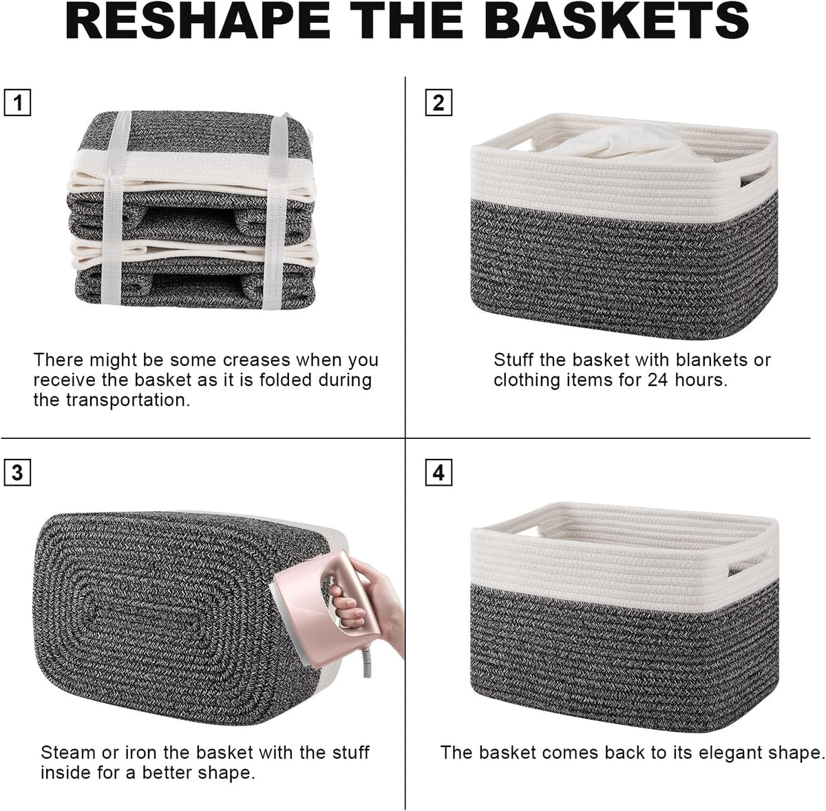 4 Pack Storage Baskets for Organizing, Woven Baskets for Shelves - Perfect for Toys, Books, Towels, and Clothes, Durable Gift Basket Bins Toy Storage, 12.7''Lx9''Wx7.8''H, Brown & White