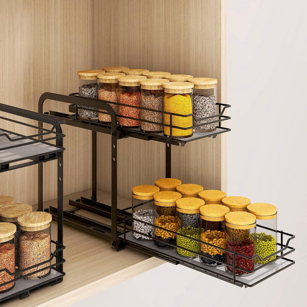 BOIVSHI 2-Tier Spice Rack, Pull Out Cabinet Organizer Spice Racks Height Adjustable Heavy Duty Metal Basket for Inside Cabinets & Pantry Closet(9.5''Wx10.5''Dx9.5''H)