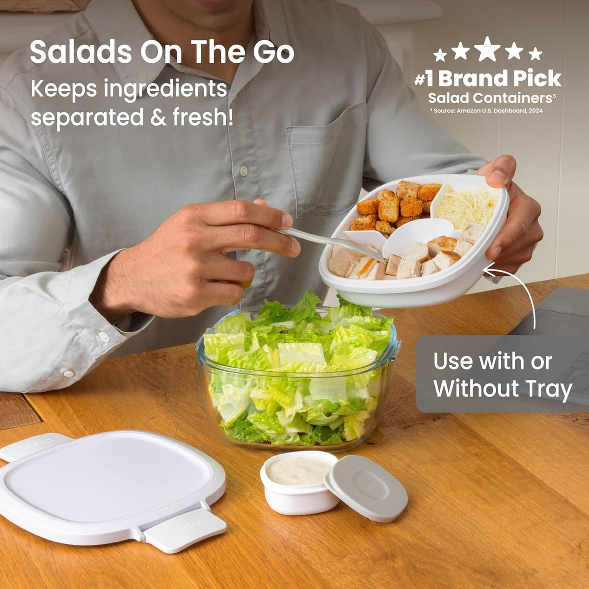 Bentgo Glass Prints Salad Container - 7.6-Cup Tinted Glass Salad Bowl with Airtight Lid, Leak-Proof Sauce Container, 4-Compartment Bento Meal Prep Tray & Reusable Fork (Floral Maximalist - Sea)