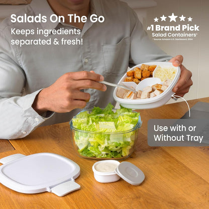Bentgo Glass Prints Salad Container - 7.6-Cup Tinted Glass Salad Bowl with Airtight Lid, Leak-Proof Sauce Container, 4-Compartment Bento Meal Prep Tray & Reusable Fork (Floral Maximalist - Sea)