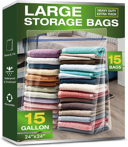 25 Gallon Jumbo Storage Bags, 3.5 Mil Thick Clear Plastic Zipper Bags with Handles, 35" x 24" Extra Large XL Heavy Duty for Home, Travel, and Moving (5 Packs)