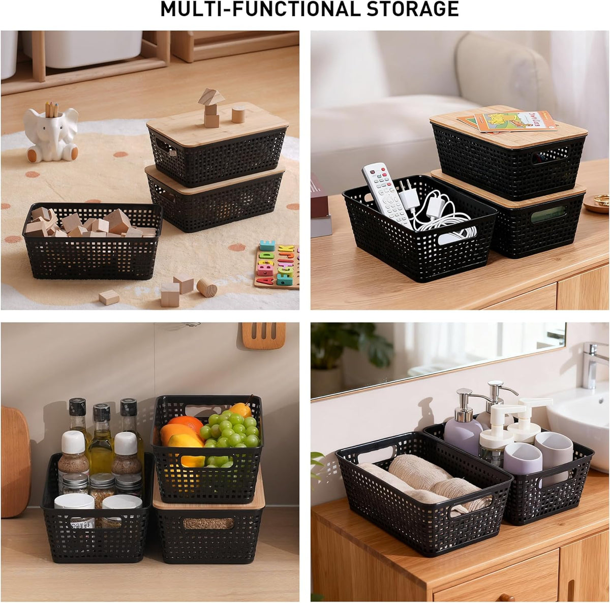 Small Storage Bins with Lids 6 Packs, Plastic Storage Basket with Bamboo Lid for Pantry Organization and Storage Containers for Shelves Drawers Desktop Closet Playroom Office Home, White