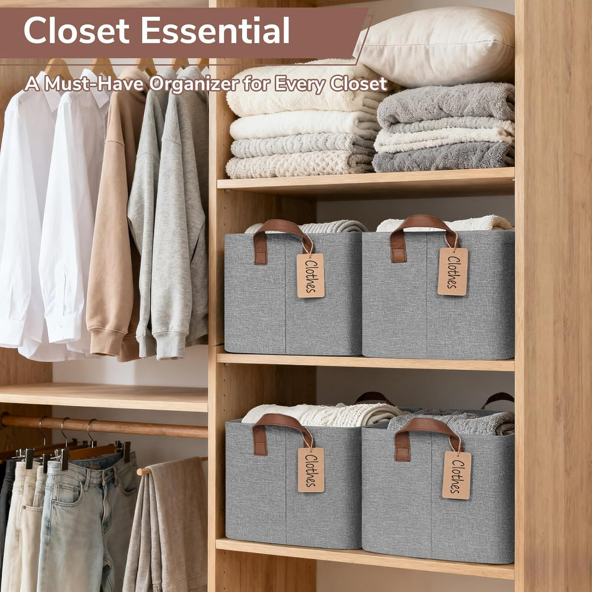 CHICVITA 4 Pack Large Storage Baskets for Shelves, Collapsible Closet Organizer Bins with Metal Frame, Fabric Storage Bins for Clothes Towels Organization, 16.8" x 11" x 9.8", Beige