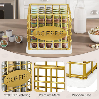 YATINEY Coffee Pod Holder for K Cup, Large Capacity Coffee Pod Organizer, Versatile Coffee Capsule Storage Basket with Wooden Base, White KH10WN