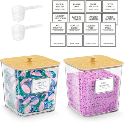 HomePekite Laundry Pods Storage Container, Clear Laundry Room Organization and Storage,Detergent Powder Container,with Wooden Lids & Labels, 3+