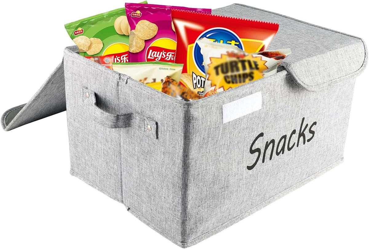 Snack Organizer for Pantry Shelf, Fabric Snack Organizer with Double Lids & Handles, Large 2-Compartment Snack Bin Snack Holder, Snack Basket for Chips Packets, Snack Bar Station Decor -Black
