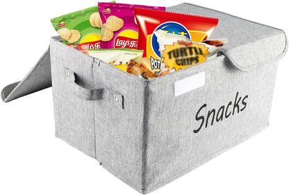 Snack Organizer for Pantry Shelf, Fabric Snack Organizer with Double Lids & Handles, Large 2-Compartment Snack Bin Snack Holder, Snack Basket for Chips Packets, Snack Bar Station Decor -Black