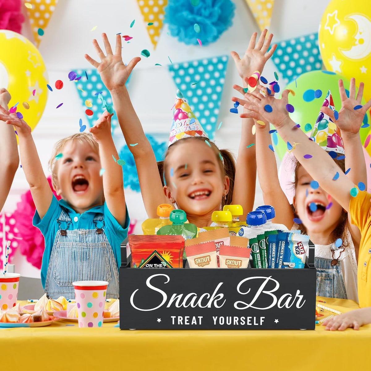 Snack Organizer for Countertop, Wood Pantry Storage Bins with Handles, Snack Bar Organizer for Kitchen, Office, 4 Compartment Food Container Snack Box with Drawer, Pantry Organizer for Chips, Candy