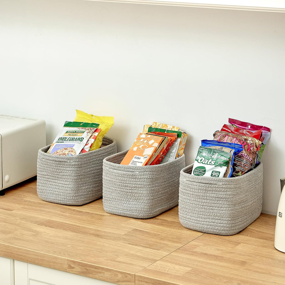 R RUNKA Small Cotton Rope Basket – Storage Bin for Organizing (10.6" x 6.7" x 6.7"), Bathroom Storage Basket for Shelf, Counter & Closet（Beige）