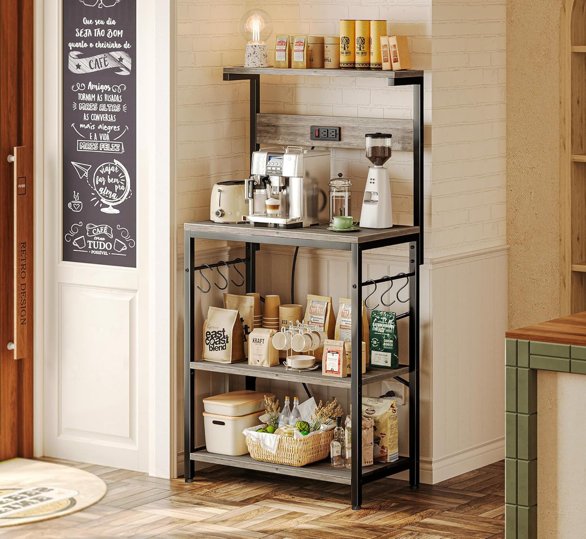 SUPERJARE Kitchen Bakers Rack with Power Outlet, Coffee Bar Table 4 Tiers, Kitchen Microwave Stand with 6 S-shaped Hooks, Storage Shelf Rack for Spices, Pots and Pans - Rustic Brown
