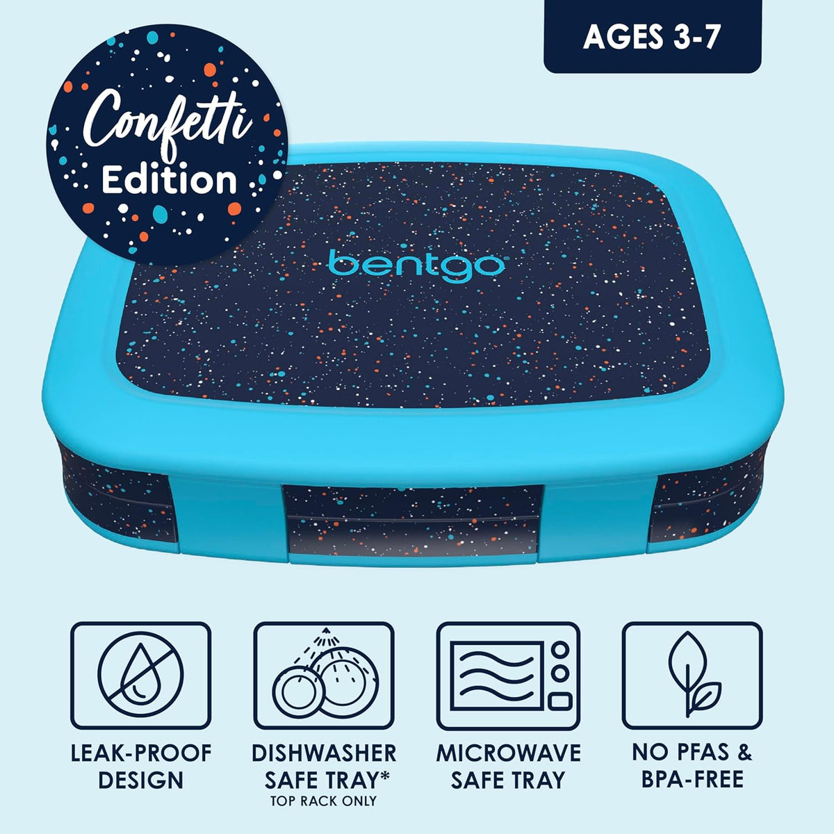 Bentgo Kids Bento-Style 5-Compartment Leak-Proof Lunch Box - Ideal Portion Sizes for Ages 3 to 7 - Durable, Drop-Proof, Dishwasher Safe, PFAS & BPA-Free & Made with Food-Safe Materials (Blue)