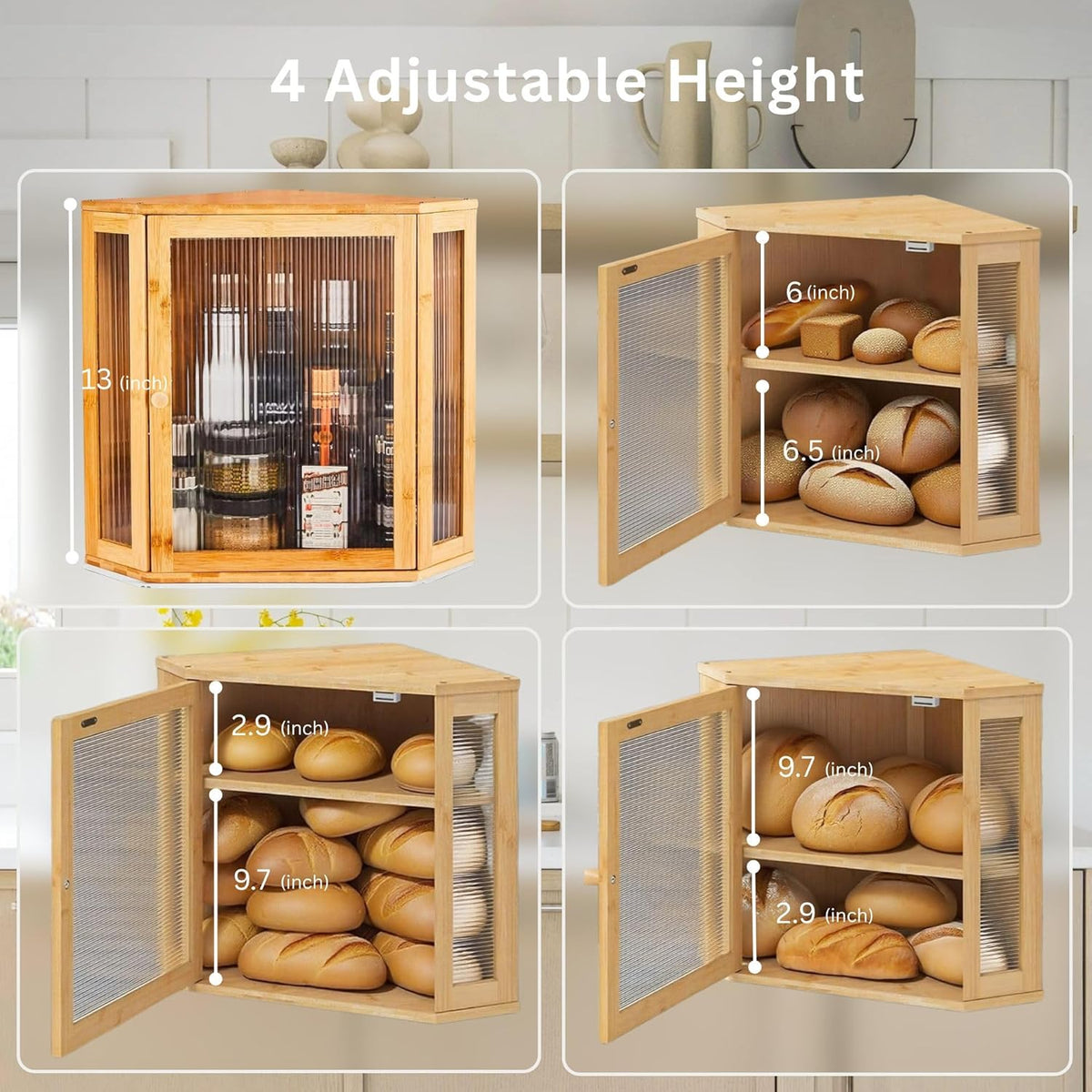Corner Bread Box for Kitchen Countertop – 2 Tier Large Bamboo Breadbox with Acrylic Wavy Door and Adjustable Shelf | Modern Wooden Storage Bin, Black Farmhouse Kitchen Organizer (Wooden)