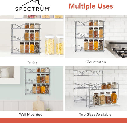 Spectrum 3 Tier Spice Rack Organizer Black Countertop Wire Shelf Spice Rack for Modern Kitchen Pantry Cabinet, Organize Spices with Three Tier Spice Shelf for Kitchen Storage with Wall Mount Option