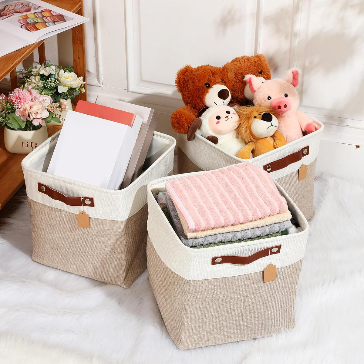 Uiifan 10 Pcs Collapsible Storage Bins Fabric Foldable Storage Basket with Handles Cloth Organizer Linen Shelf Baskets for Shelves Home Closet Nursery Toys(16 x 12 x 10 Inch,Gray and White)