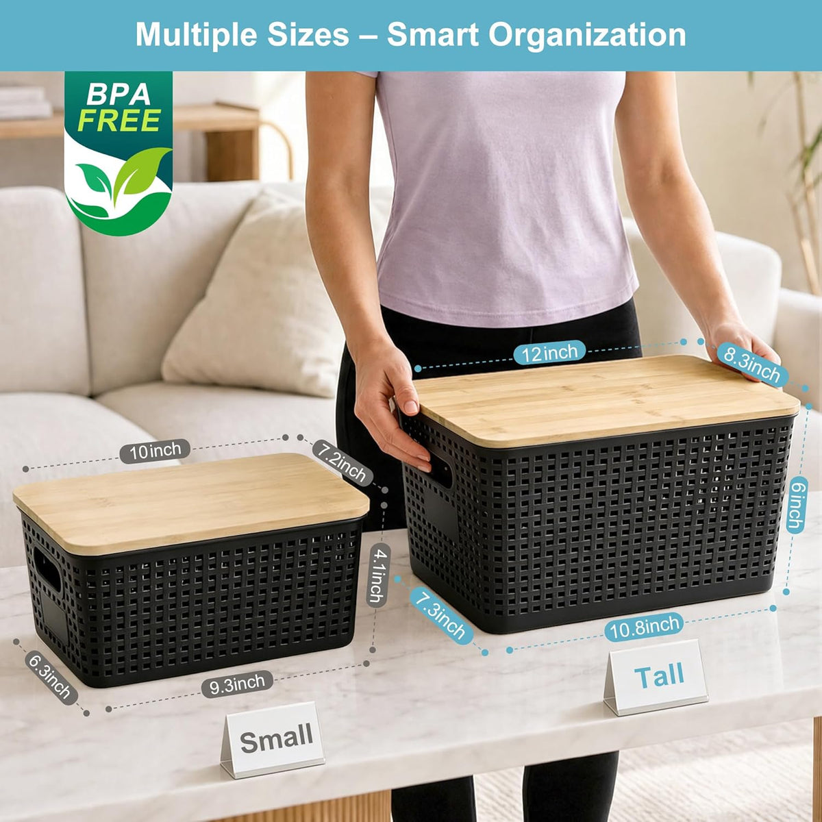 Bagnizer Small Plastic Storage Bins with Bamboo Lids 5.2qt Stackable Box Basket Pantry Decorative Containers Cute with Labels for Organizing Desktop Closet Office Cream White of 10*7.2*4.1"