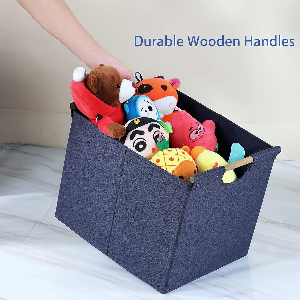 HOONEX Large Collapsible Storage Bins, Linen Fabric, Pack of 2, Storage Baskets with Wooden Carry Handles and Sturdy Heavy Cardboard, for Home, Office, Car, Nursery, Black
