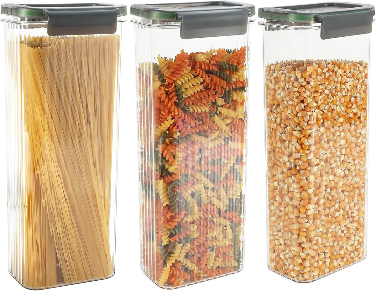 Spaghetti Pasta Storage Containers with Easy-Seal Lid 74oz Set of 3, Airtight Sqaure Food Storage Jar for Noodles, Flour, Oats, Cereal - Multi-Purpose Kitchen & Pantry Organization