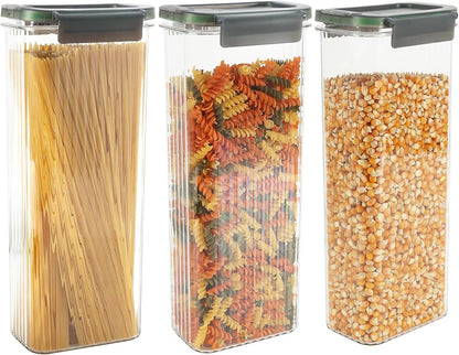 Spaghetti Pasta Storage Containers with Easy-Seal Lid 74oz Set of 3, Airtight Sqaure Food Storage Jar for Noodles, Flour, Oats, Cereal - Multi-Purpose Kitchen & Pantry Organization