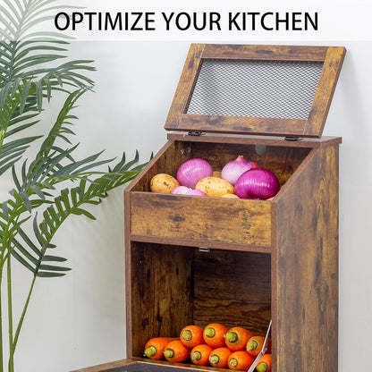Potato Storage Bin Wooden Bread Box, Mid Century Modern Vegetable Storage Box with Lid, Farmhouse Potato and Onion Storage Cabinet for Kitchen,Brown