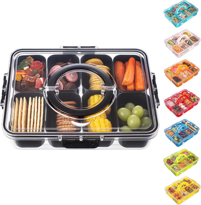Dingerjar Divided Serving Tray with Lid and Handle - Snackle Box Charcuterie Container for Portable Snack Platters - Clear Organizer for Candy, Fruits, Nuts, Snacks - Perfect for Party, Entertaining