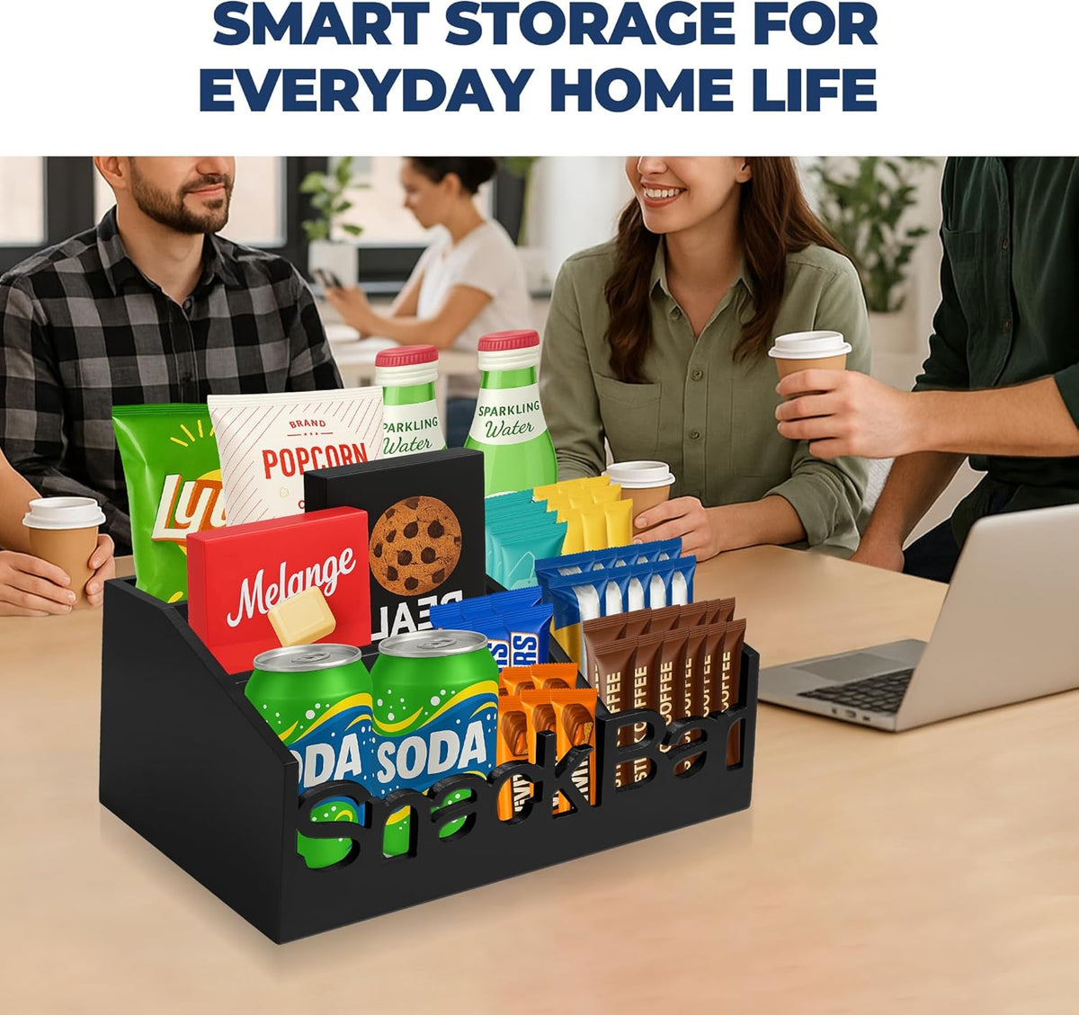 Snack Bar Organizer – Black 5 Compartment Station, Countertop Pantry Organizer for Kitchen, Office Food Holder, Candy Storage Bin, Display Stand, Cabinet Tray & Shelf
