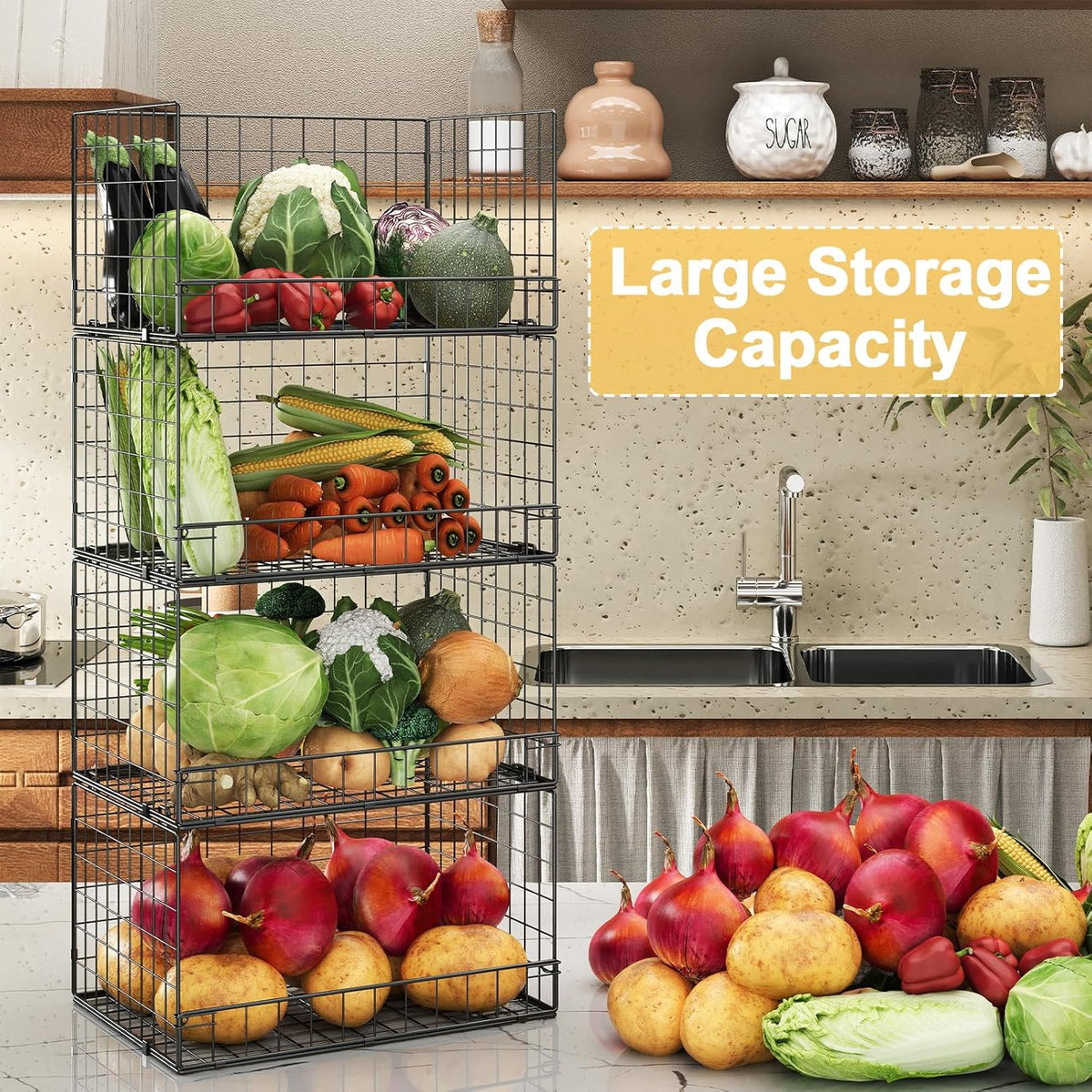 4 Pack Stackable Wire Baskets for Pantry Organizers and Storage, Pantry Baskets with Fixed Wooden Top, Fruit and Vegetable Storage Bins for Organizing Onion Potato Snack for Kitchen Cabinet/Countertop