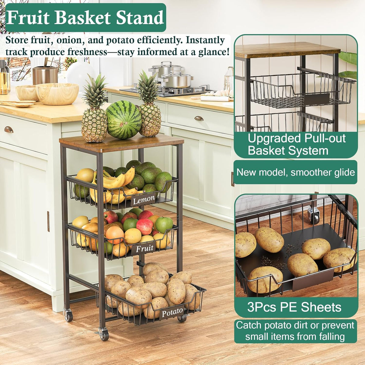 OKZEST 4-Tier Kitchen Storage Cart on Wheels – Mobile Fruit Basket Stand with Drawers & Wooden Top, Small Rolling Pantry Shelf for Potatoes, Onions, Bottled Drinks, Cans, Snacks – Includes 3 PE Liners