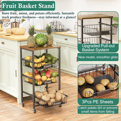 OKZEST 4-Tier Kitchen Storage Cart on Wheels – Mobile Fruit Basket Stand with Drawers & Wooden Top, Small Rolling Pantry Shelf for Potatoes, Onions, Bottled Drinks, Cans, Snacks – Includes 3 PE Liners